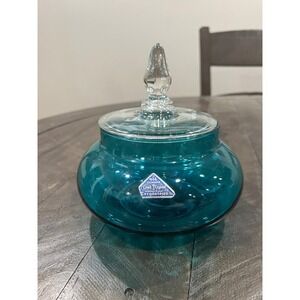 Morgantown Glass PALACE Candy Box Peacock Blue #9952 Decor Line‎ Sticker MCM Vtg
